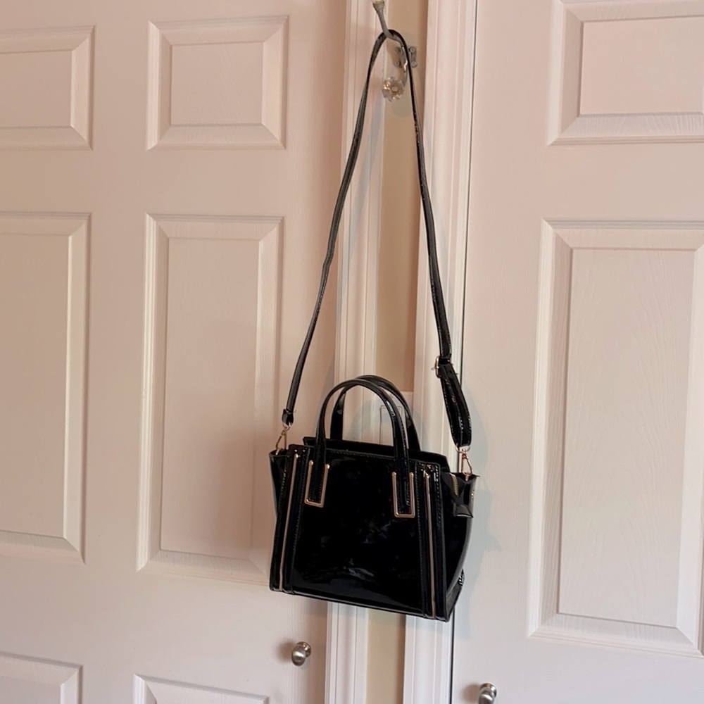Black patent leather (faux) handbag. Vegan.